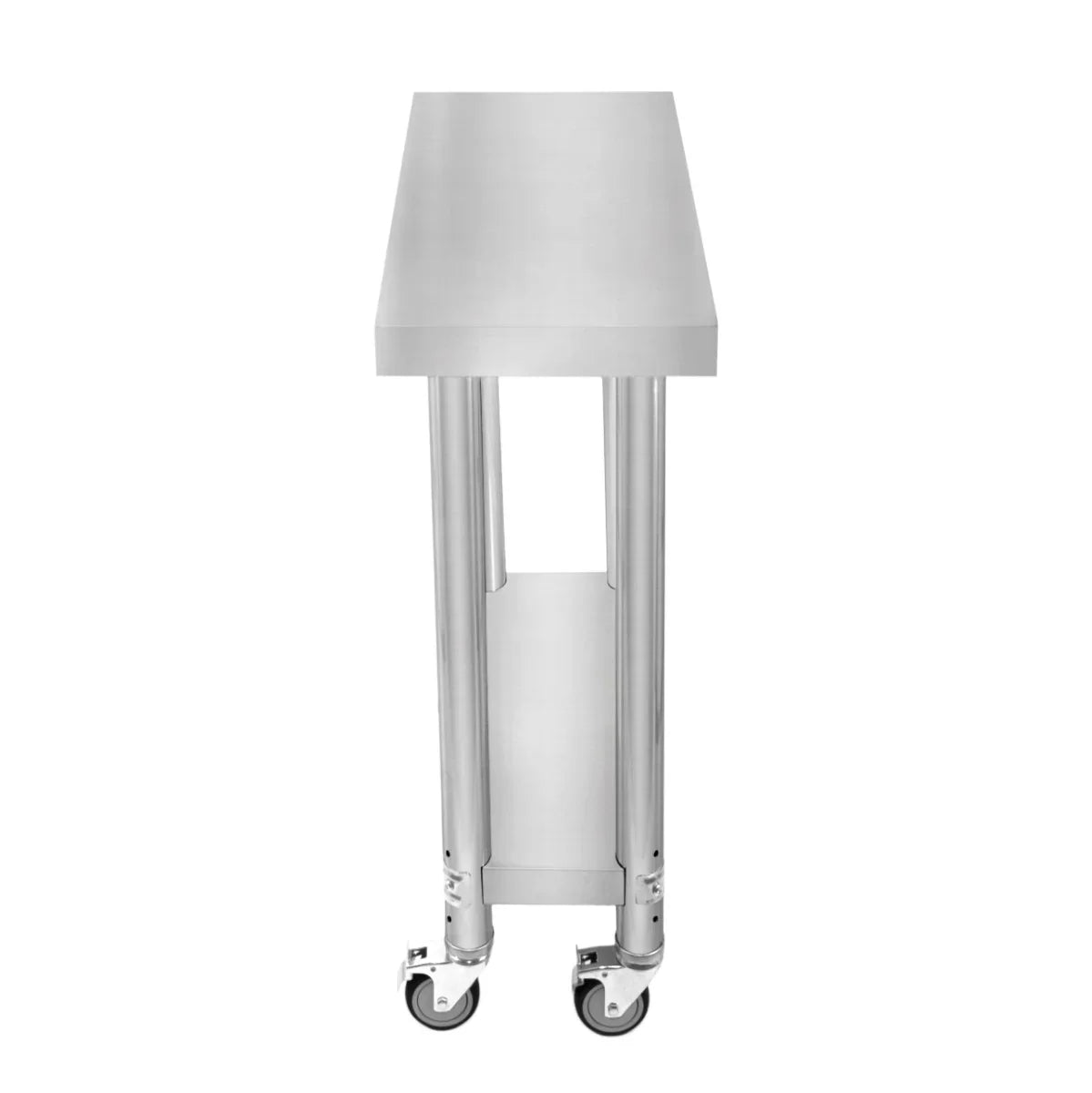 Stainless steel KuKoo work table with a sleek surface, sturdy legs, and wheels for easy mobility, measuring 60cm x 30cm x 80cm
