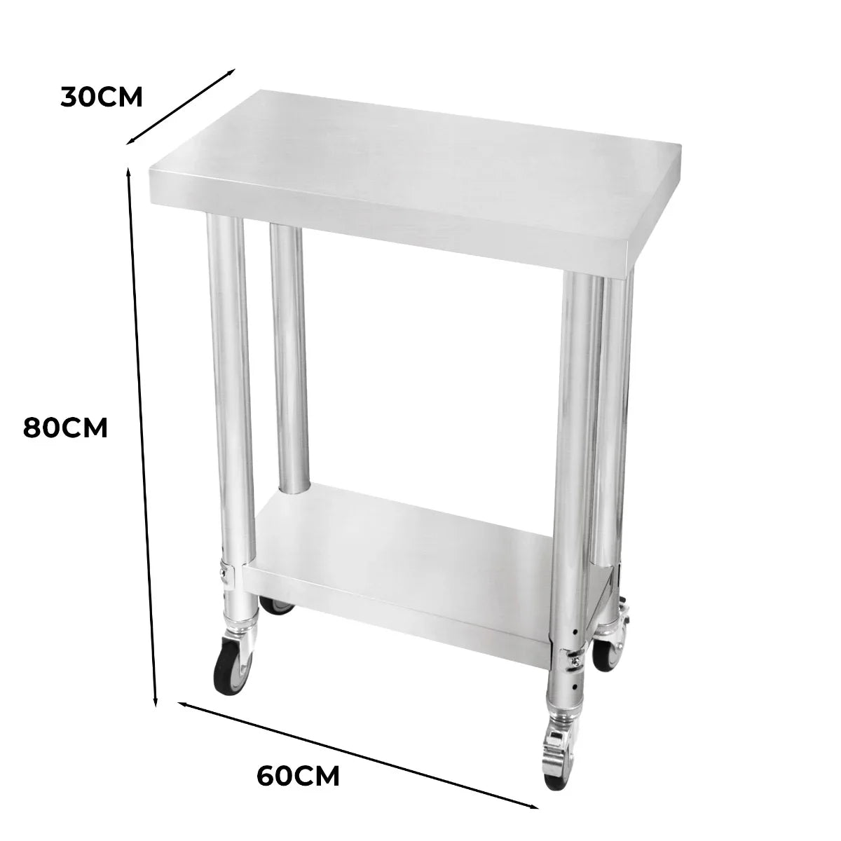 Stainless steel KuKoo work table with a sleek surface, measuring 60cm x 30cm x 80cm, features sturdy legs and rolling wheels for mobility