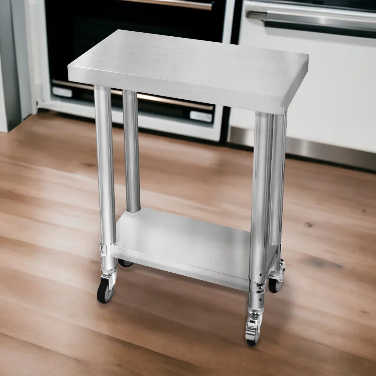 Stainless steel KuKoo work table on wheels, 60cm x 30cm x 80cm, featuring a smooth surface and sturdy legs, ideal for kitchens