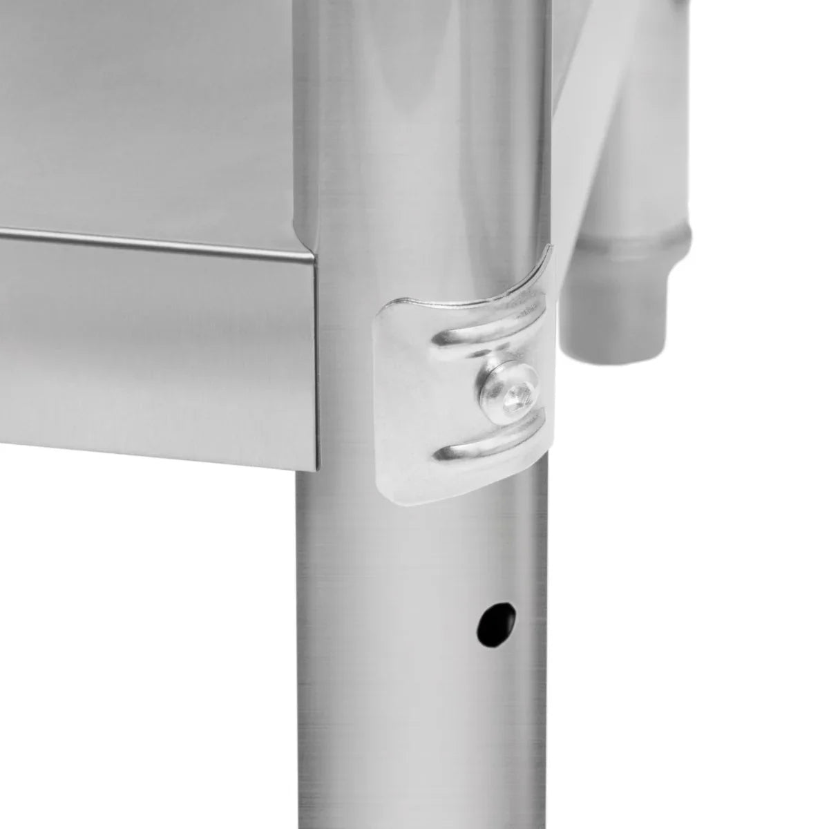 Stainless steel leg detail of the KuKoo Work Table, showcasing a sleek finish and sturdy construction for durability and stability