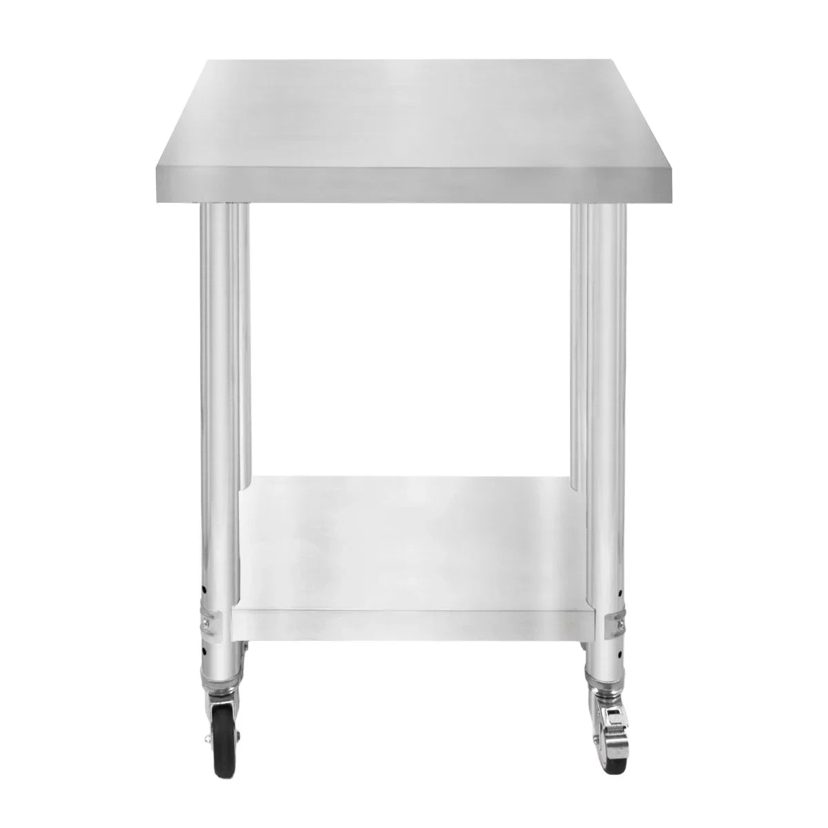 Stainless steel KuKoo work table with a smooth top, sturdy legs, and wheels for easy mobility, measuring 60cm x 45cm x 86cm