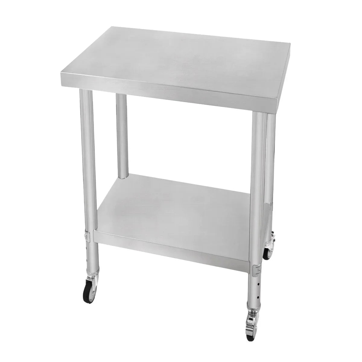 Stainless steel KuKoo work table with a smooth surface, sturdy legs, and wheels for easy mobility, measuring 60cm x 45cm x 86cm