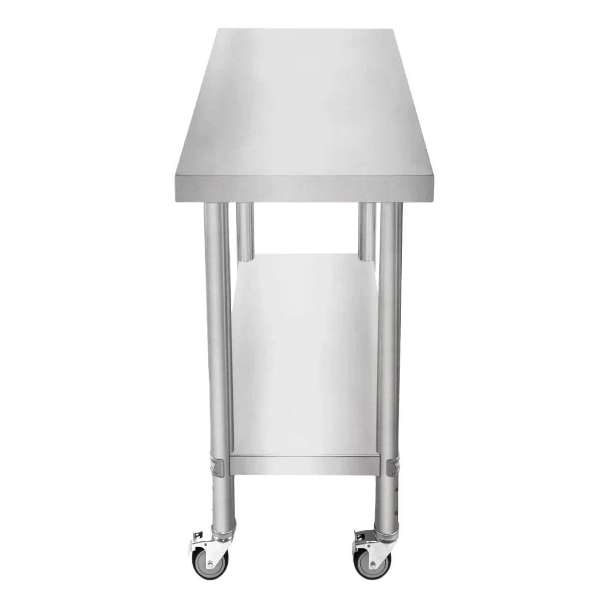 Stainless steel KuKoo work table with a sleek surface, sturdy legs, and wheels for easy mobility, measuring 60cm x 45cm x 86cm