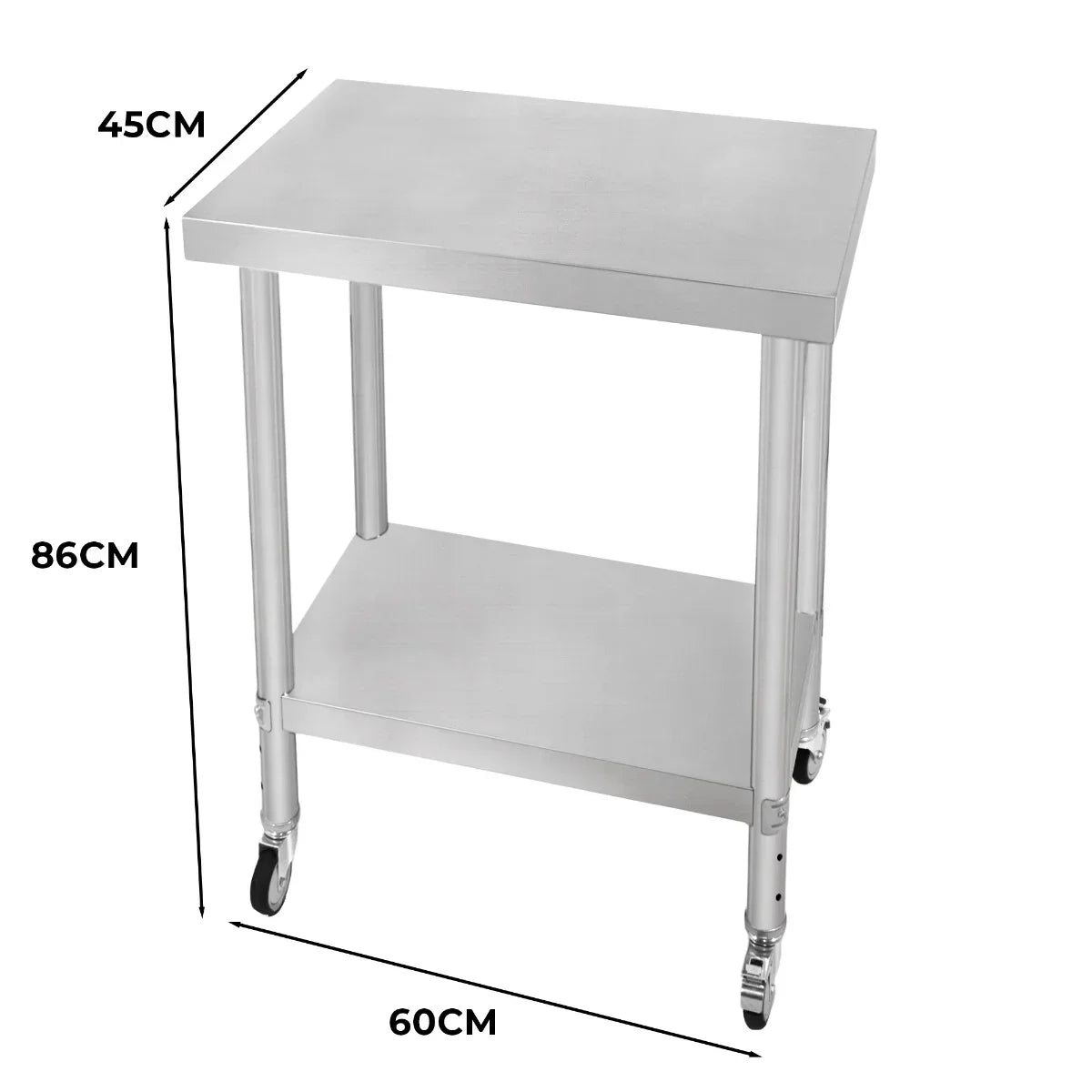 Stainless steel KuKoo work table with a sleek surface, adjustable height, and sturdy wheels for easy mobility, measuring 60cm x 45cm x 86cm