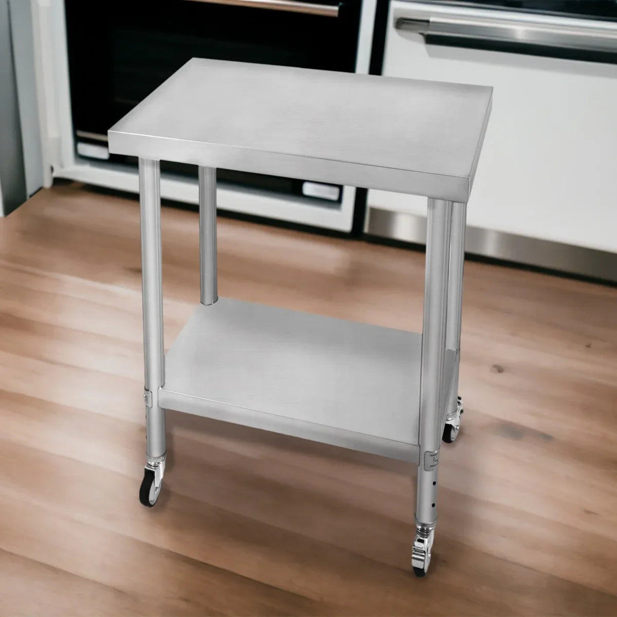 Stainless steel KuKoo work table with a smooth top, sturdy legs, and wheels for easy mobility, ideal for kitchens or workshops