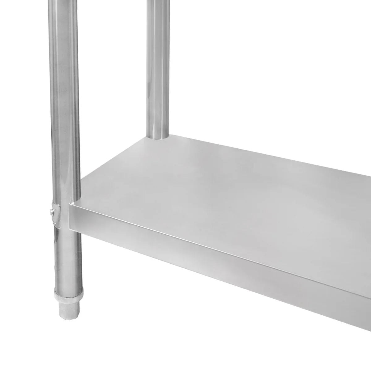 Stainless steel work table with a smooth surface and sturdy legs, featuring a lower shelf for additional storage space
