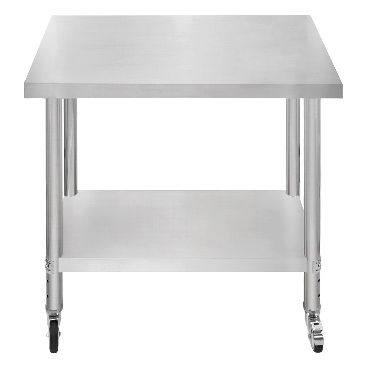Stainless steel work table with a smooth surface, sturdy legs, and wheels for mobility, featuring a lower shelf for storage