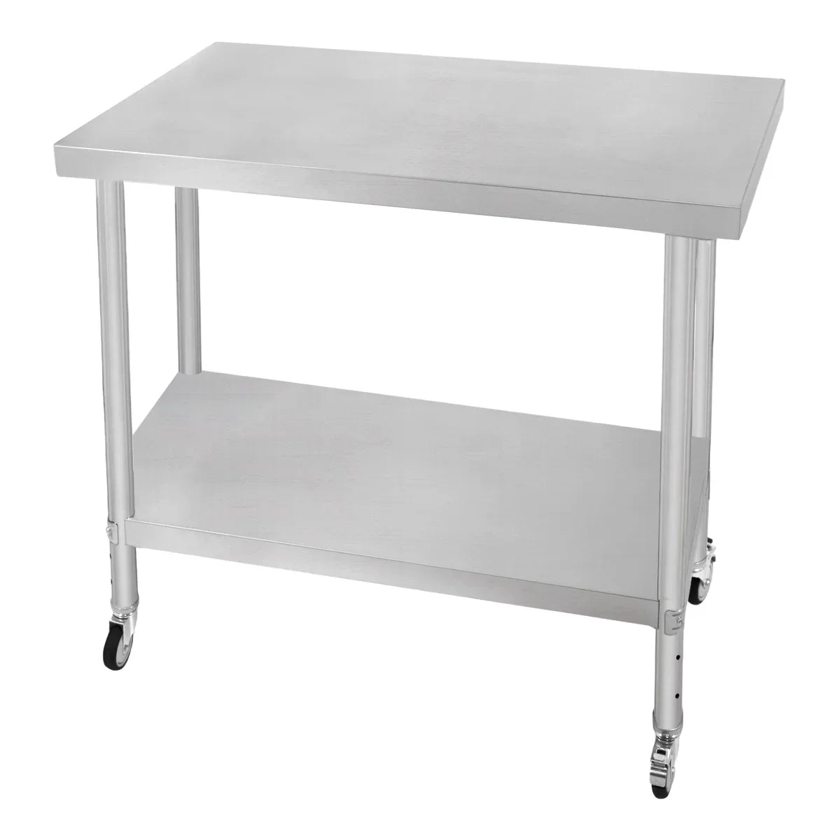 Stainless steel KuKoo work table with a smooth surface, sturdy legs, and a lower shelf on wheels for easy mobility and storage