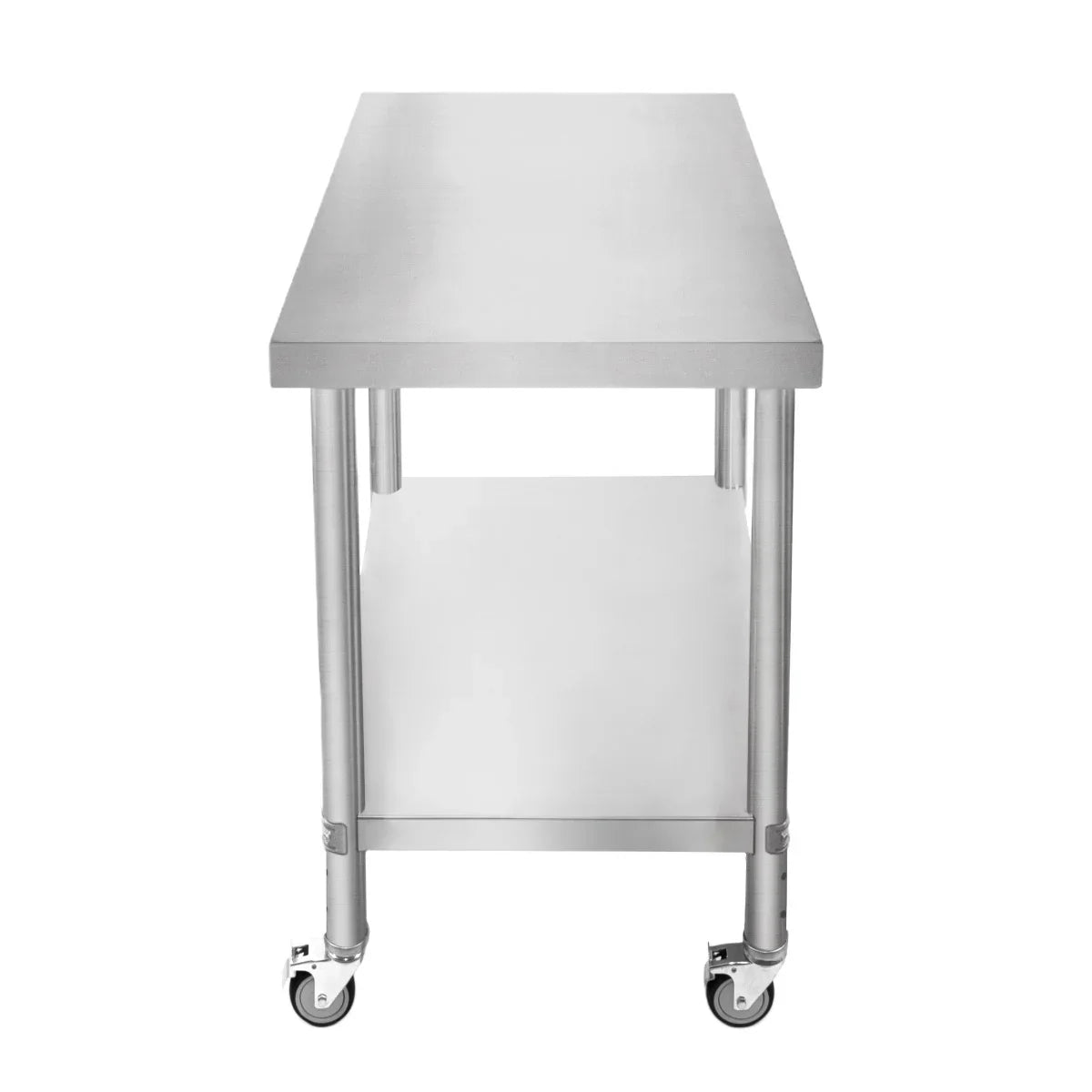 Stainless steel KuKoo work table with a smooth surface, sturdy legs, and wheels for easy mobility, measuring 90cm x 60cm x 86cm