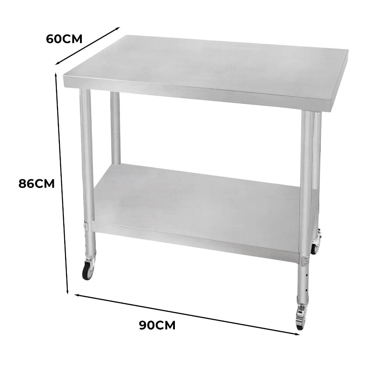 Stainless steel KuKoo work table with a smooth surface, measuring 90cm x 60cm x 86cm, featuring a lower shelf and wheels for mobility