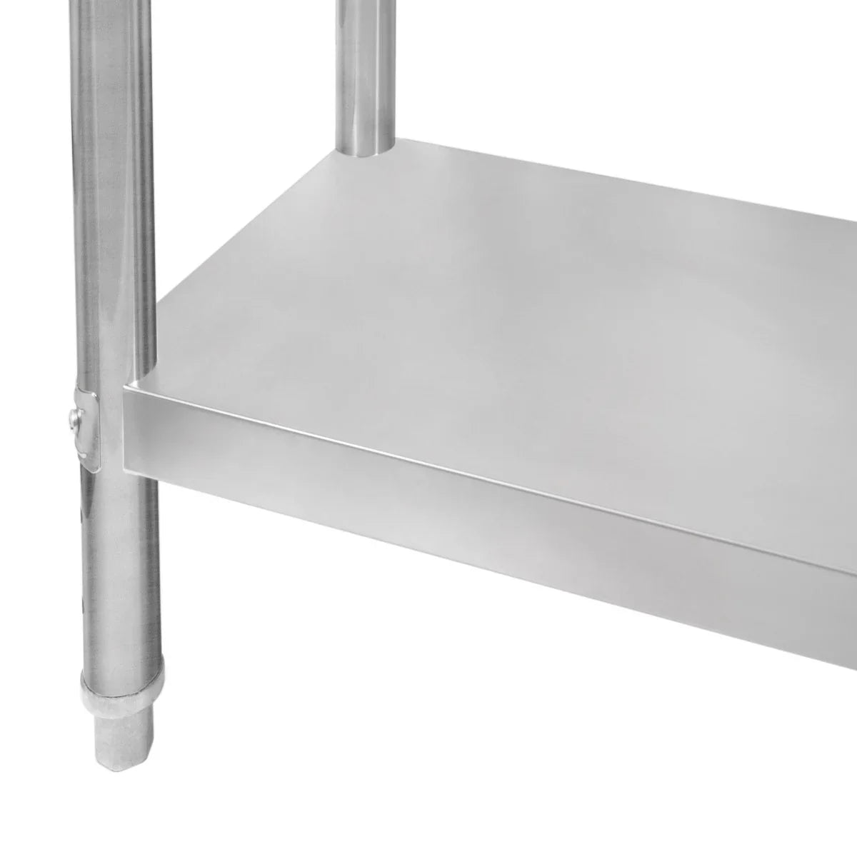 Stainless steel KuKoo work table with a smooth surface and sturdy legs, featuring a lower shelf for added storage and support