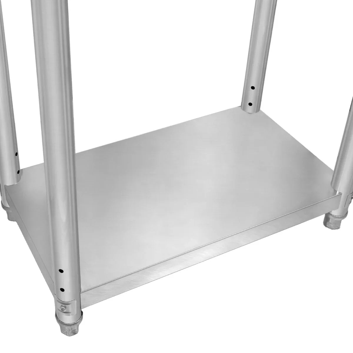 Stainless steel KuKoo work table with a sturdy lower shelf, featuring sleek legs and a smooth, durable surface for versatile use