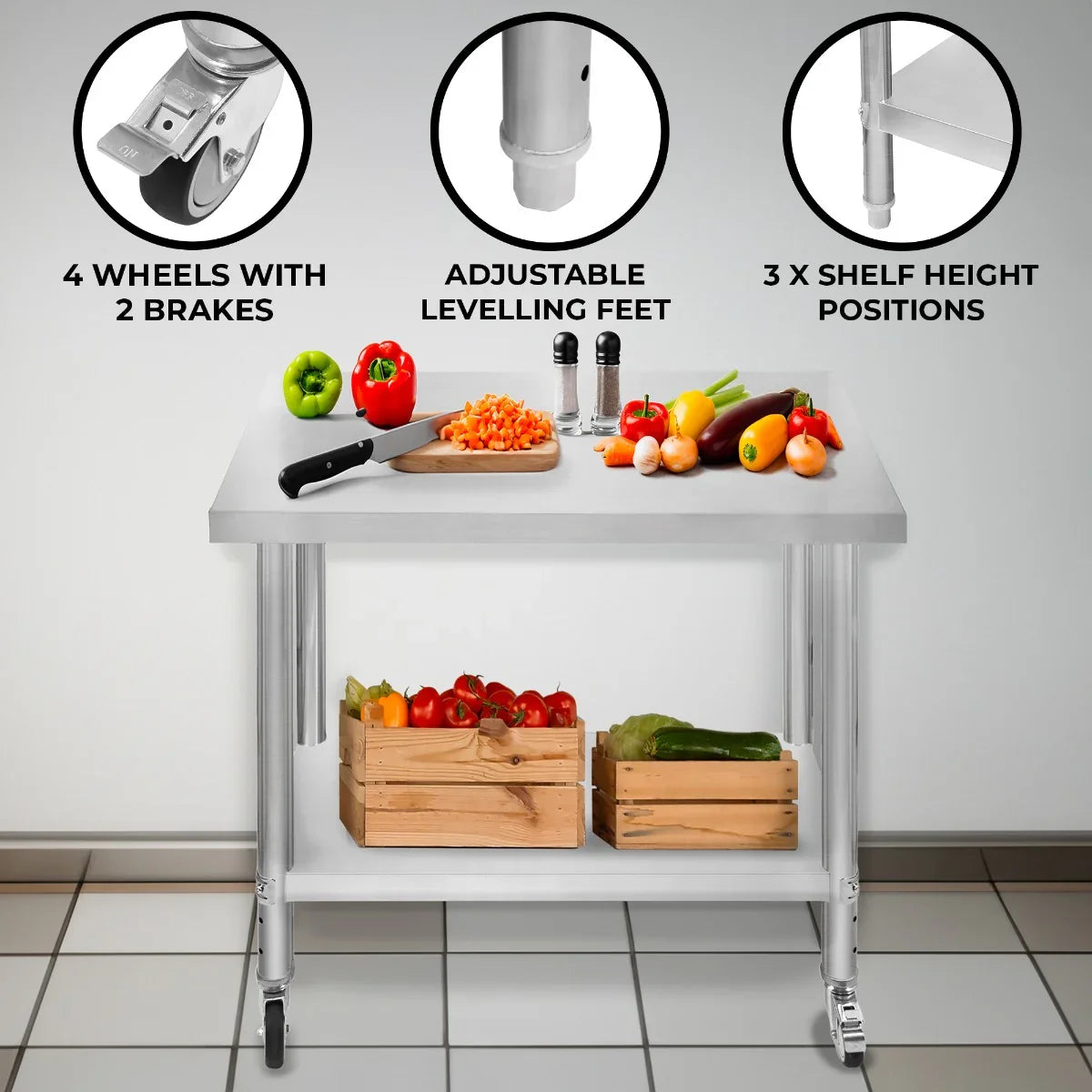 KuKoo Work Table with stainless steel top, adjustable height, four wheels, and fresh vegetables on display, ideal for kitchens