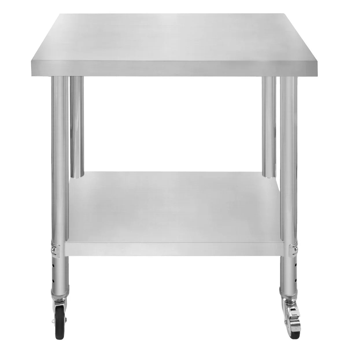 Stainless steel work table with a smooth surface, sturdy legs, and a lower shelf, featuring wheels for easy mobility, 76cm x 45cm x 86cm