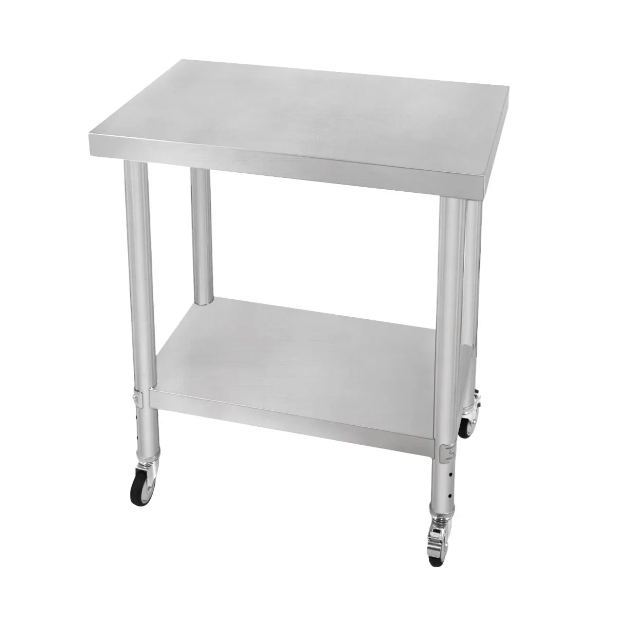 Stainless steel KuKoo work table with a smooth surface, sturdy legs, and wheels for easy mobility, measuring 76cm x 45cm x 86cm