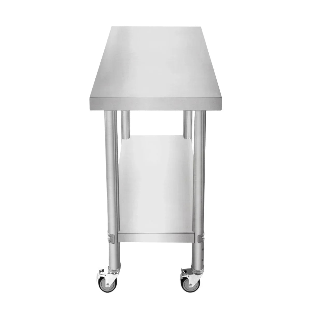 Stainless steel KuKoo work table with a smooth surface, sturdy legs, and wheels for easy mobility, measuring 76cm x 45cm x 86cm
