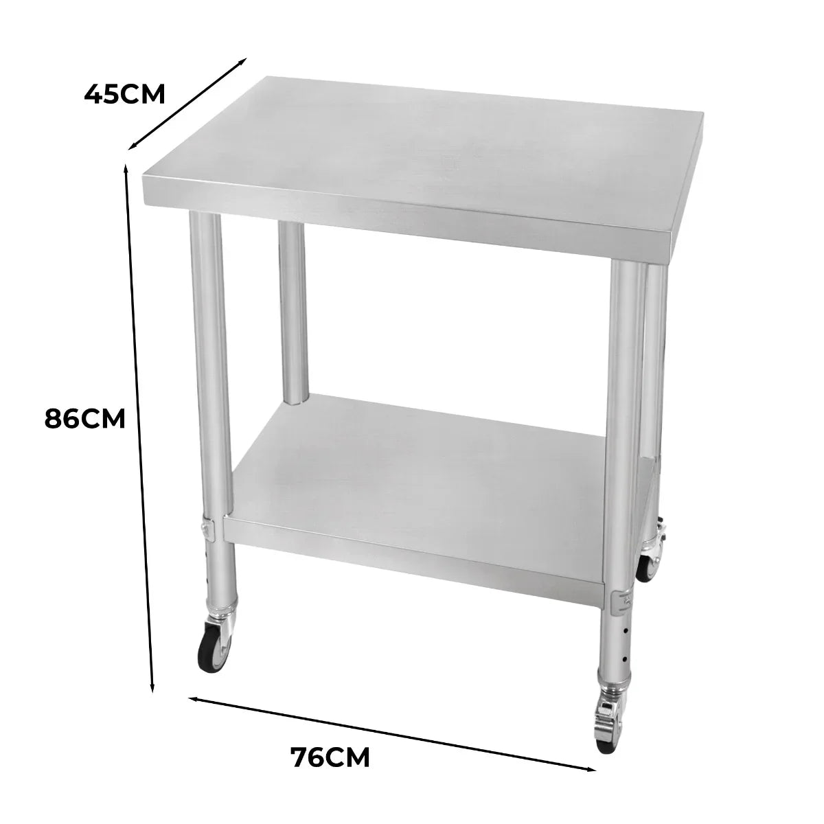 Stainless steel KuKoo work table with a smooth surface, dimensions 76cm x 45cm x 86cm, featuring a lower shelf and wheels for mobility