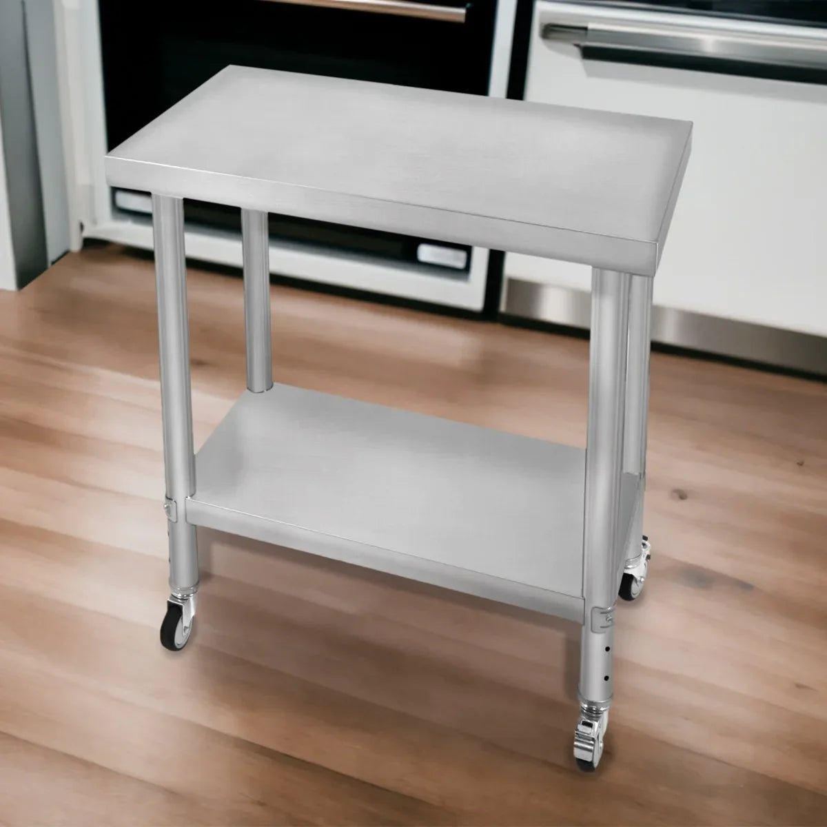 Stainless steel KuKoo work table with a sleek surface, sturdy legs, and wheels for easy mobility, ideal for kitchens or workshops