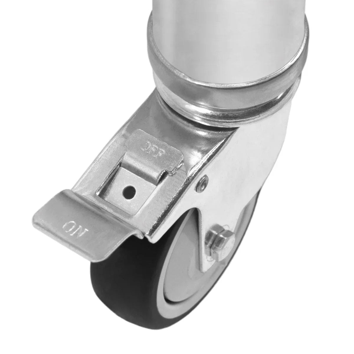 Close-up of a durable swivel caster wheel with a metal bracket, featuring a smooth rubber tire for easy mobility and stability