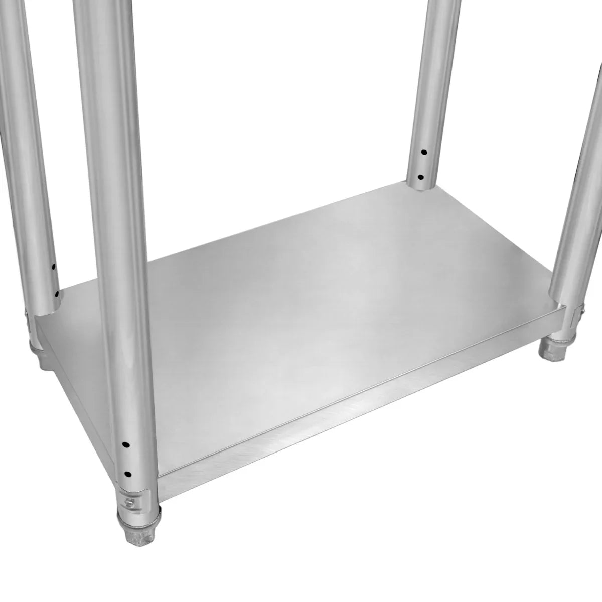 Sturdy stainless steel work table with a smooth surface and adjustable legs, ideal for kitchens or workshops, measuring 76cm x 45cm x 86cm