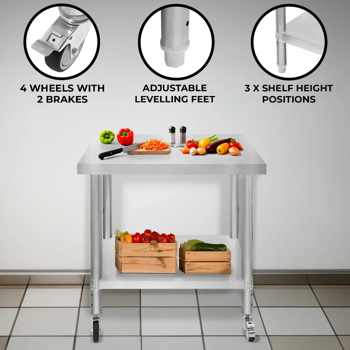 KuKoo Work Table features a stainless steel surface, adjustable height, four wheels with brakes, and two wooden storage crates filled with fresh produce