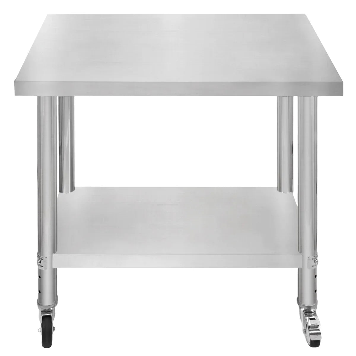 Stainless steel KuKoo work table with a smooth surface, sturdy legs, and wheels for easy mobility, measuring 90cm x 76cm x 86cm