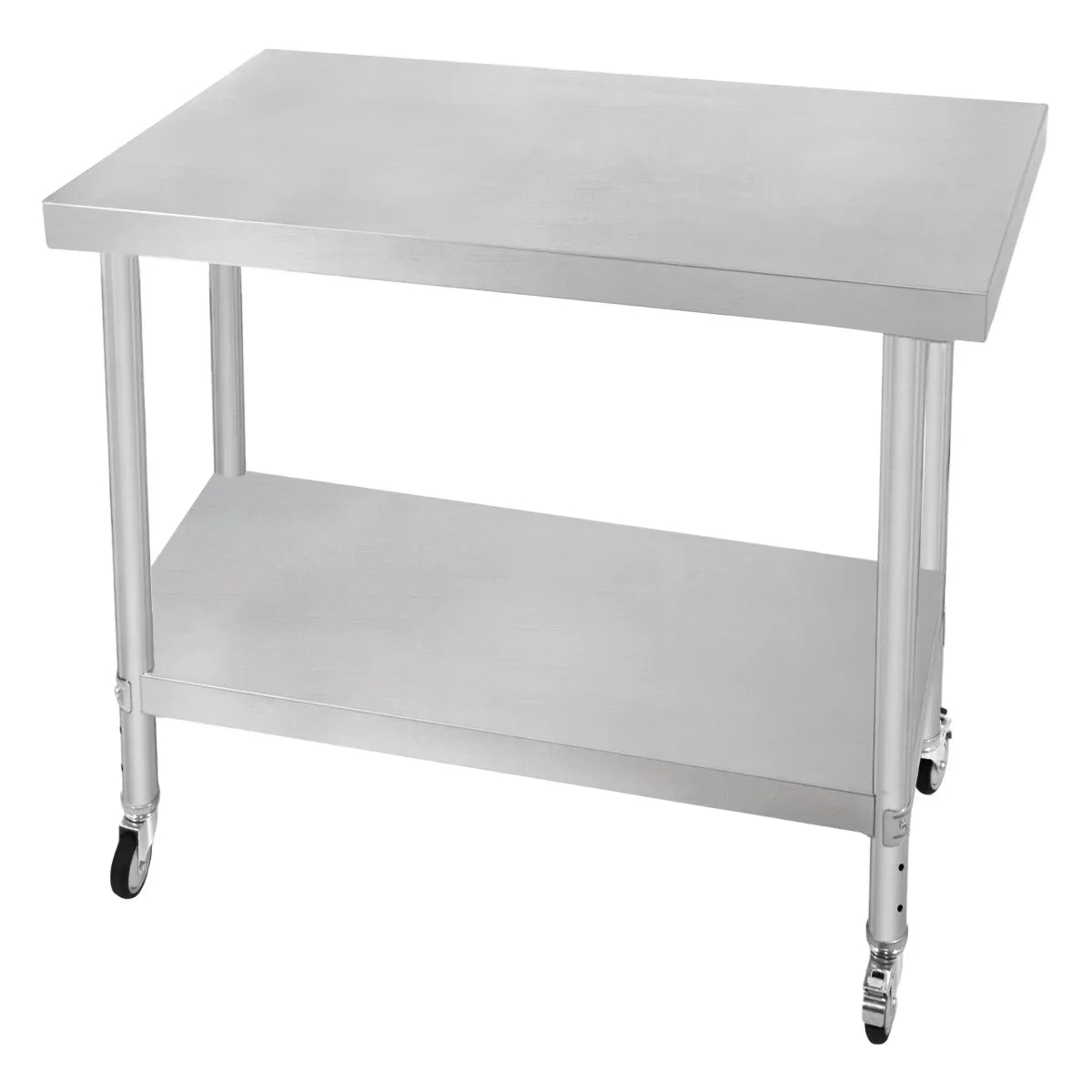 Stainless steel KuKoo work table with a smooth surface, sturdy frame, and wheels for easy mobility, measuring 90cm x 76cm x 86cm