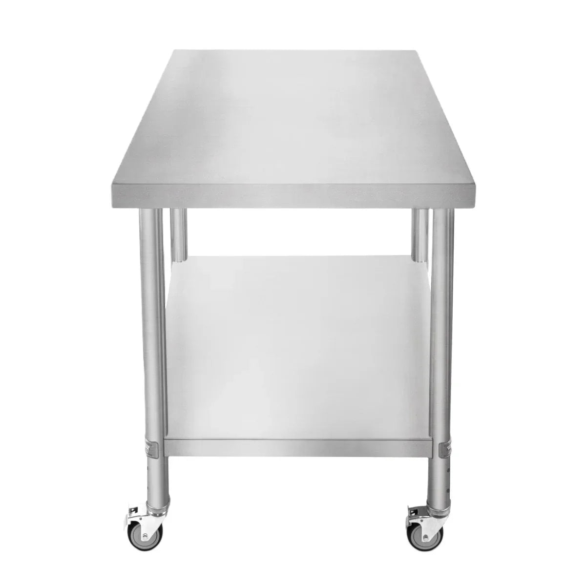 Stainless steel KuKoo work table with a smooth surface, sturdy legs, and a lower shelf, featuring rolling casters for mobility