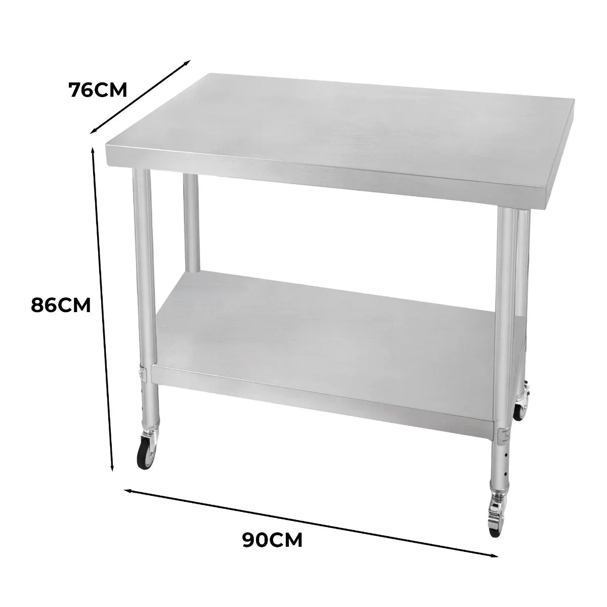 Stainless steel KuKoo work table with a smooth surface, dimensions 90cm x 76cm x 86cm, featuring a lower shelf and wheels for mobility