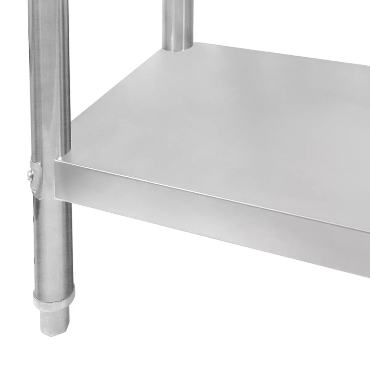Stainless steel KuKoo work table featuring a sturdy lower shelf, sleek surface, and robust legs for durability and stability