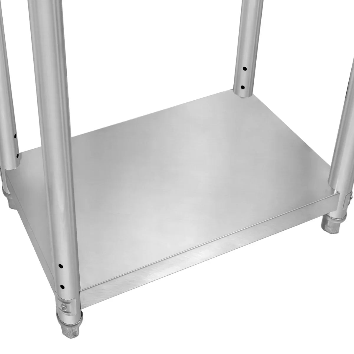 Stainless steel KuKoo work table with a smooth surface, sturdy legs, and a lower shelf for added storage, ideal for kitchens or workshops