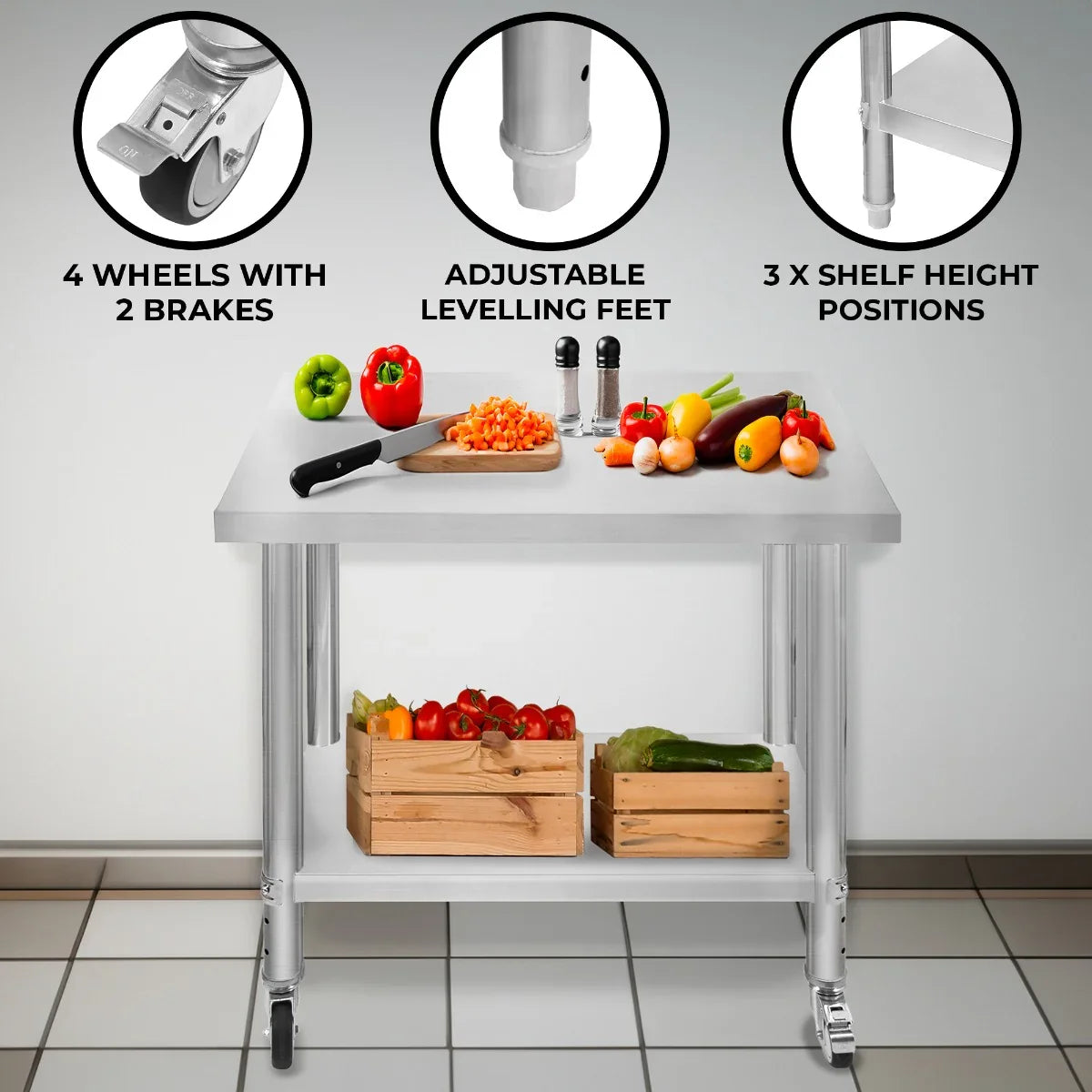 KuKoo Work Table with stainless steel top, adjustable height, four wheels, and two brake wheels, featuring fresh vegetables and wooden crates