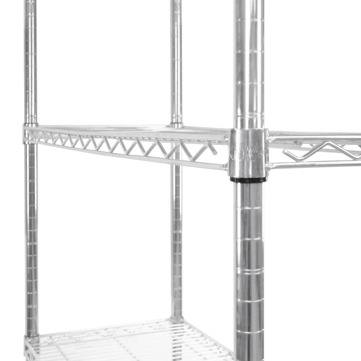 Sturdy KuKoo wire racking unit in chrome finish, featuring adjustable shelves and a sleek, modern design for versatile storage solutions