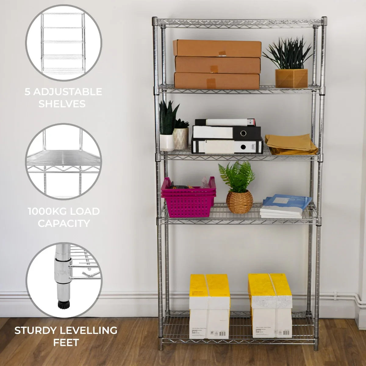 KuKoo Wire Racking with five adjustable shelves, sturdy leveling feet, and a 1000kg load capacity, ideal for storage and organization