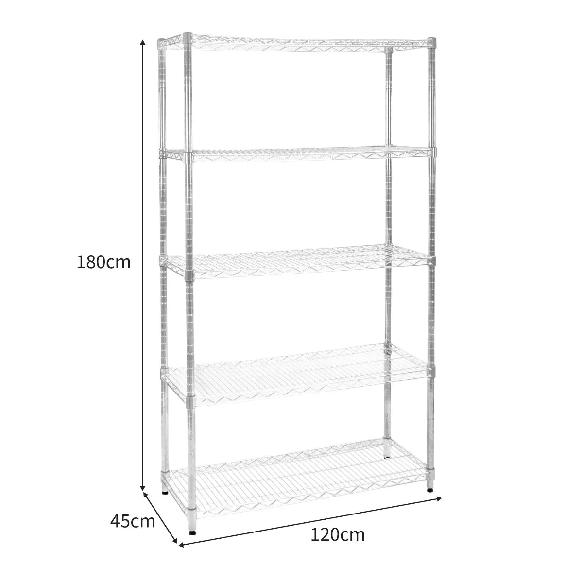 KuKoo wire racking unit, 45cm x 120cm x 180cm, features four sturdy shelves with a chrome finish and open wire design for ventilation