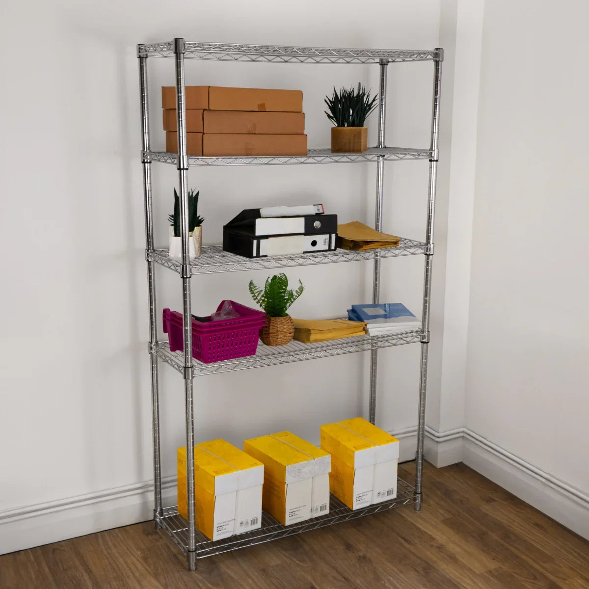 Sturdy silver wire racking unit, 45cm x 120cm x 180cm, with four shelves displaying boxes, plants, and organized storage items