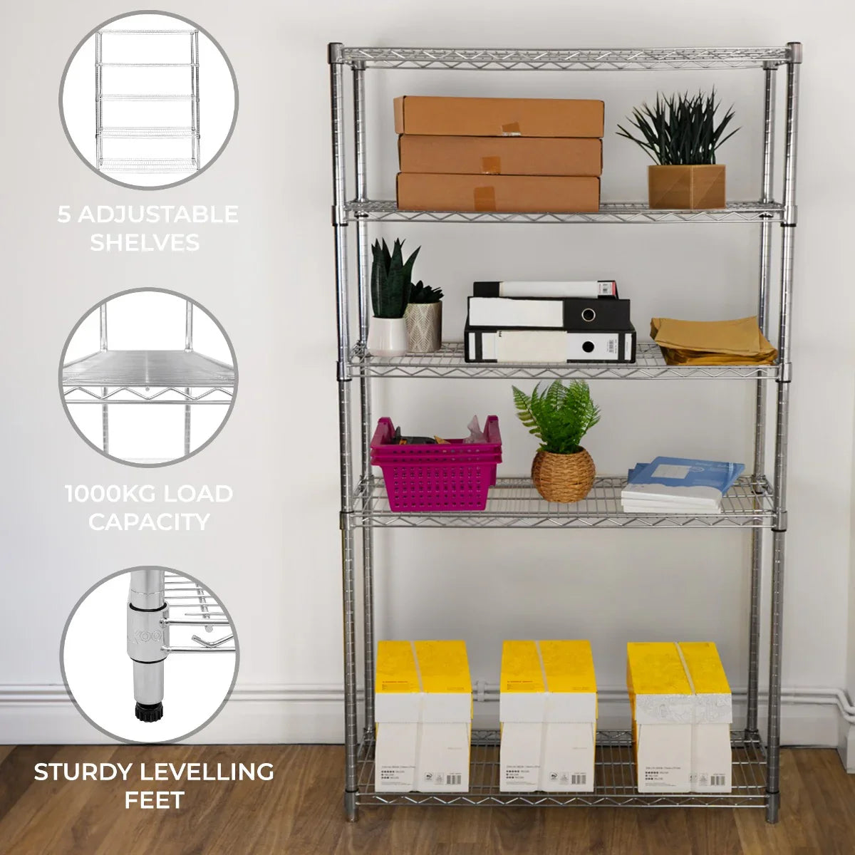 KuKoo Wire Racking with five adjustable shelves, sturdy leveling feet, and a 1000kg load capacity, ideal for storage solutions