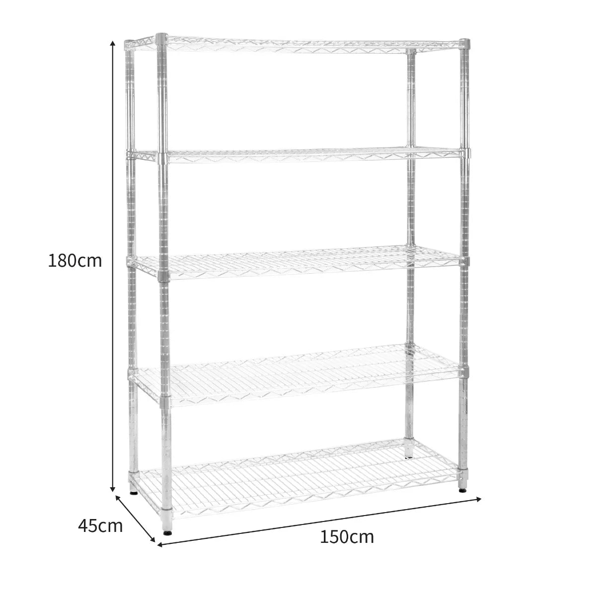 Sturdy chrome wire racking unit measuring 45cm x 150cm x 180cm with four open shelves for versatile storage solutions
