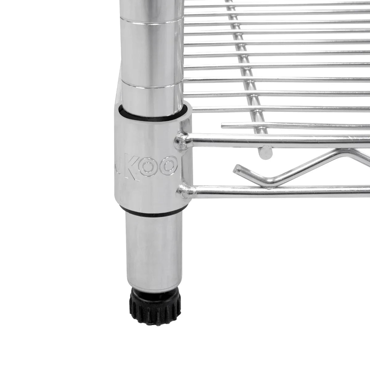 Close-up of KuKoo wire racking leg with adjustable foot, showcasing sturdy chrome finish and durable construction for stability