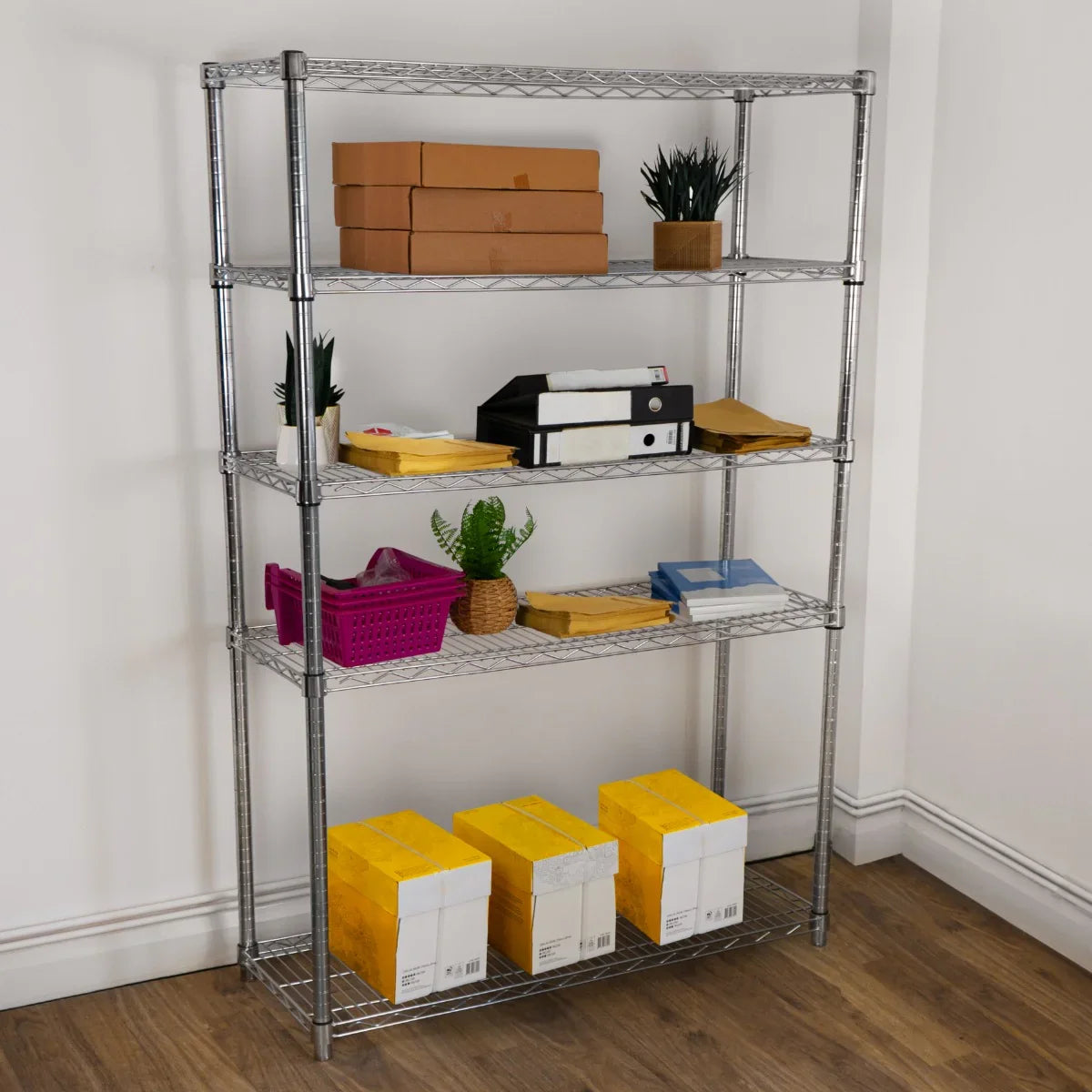 Sturdy KuKoo wire racking unit, 45cm x 150cm x 180cm, featuring five shelves, metallic finish, and organized storage boxes in various colors