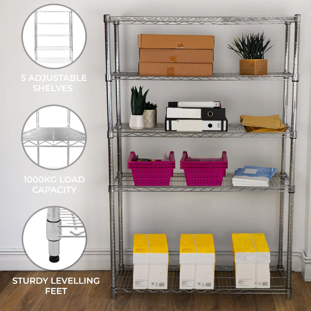KuKoo Wire Racking with five adjustable shelves, sturdy metal frame, 1000kg load capacity, and leveling feet for stability