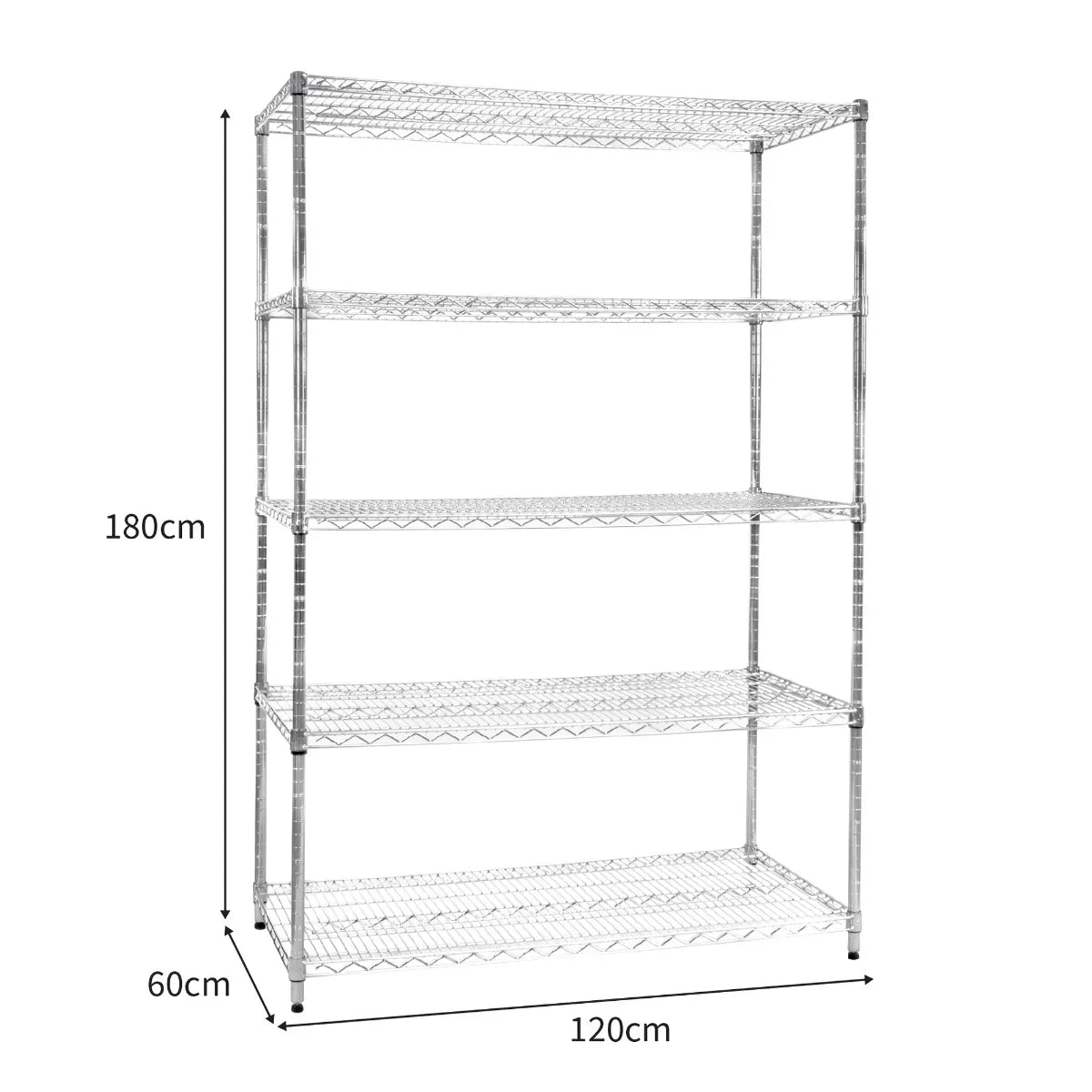 KuKoo wire racking unit, chrome finish, dimensions 60cm x 120cm x 180cm, featuring four sturdy shelves for storage and organization