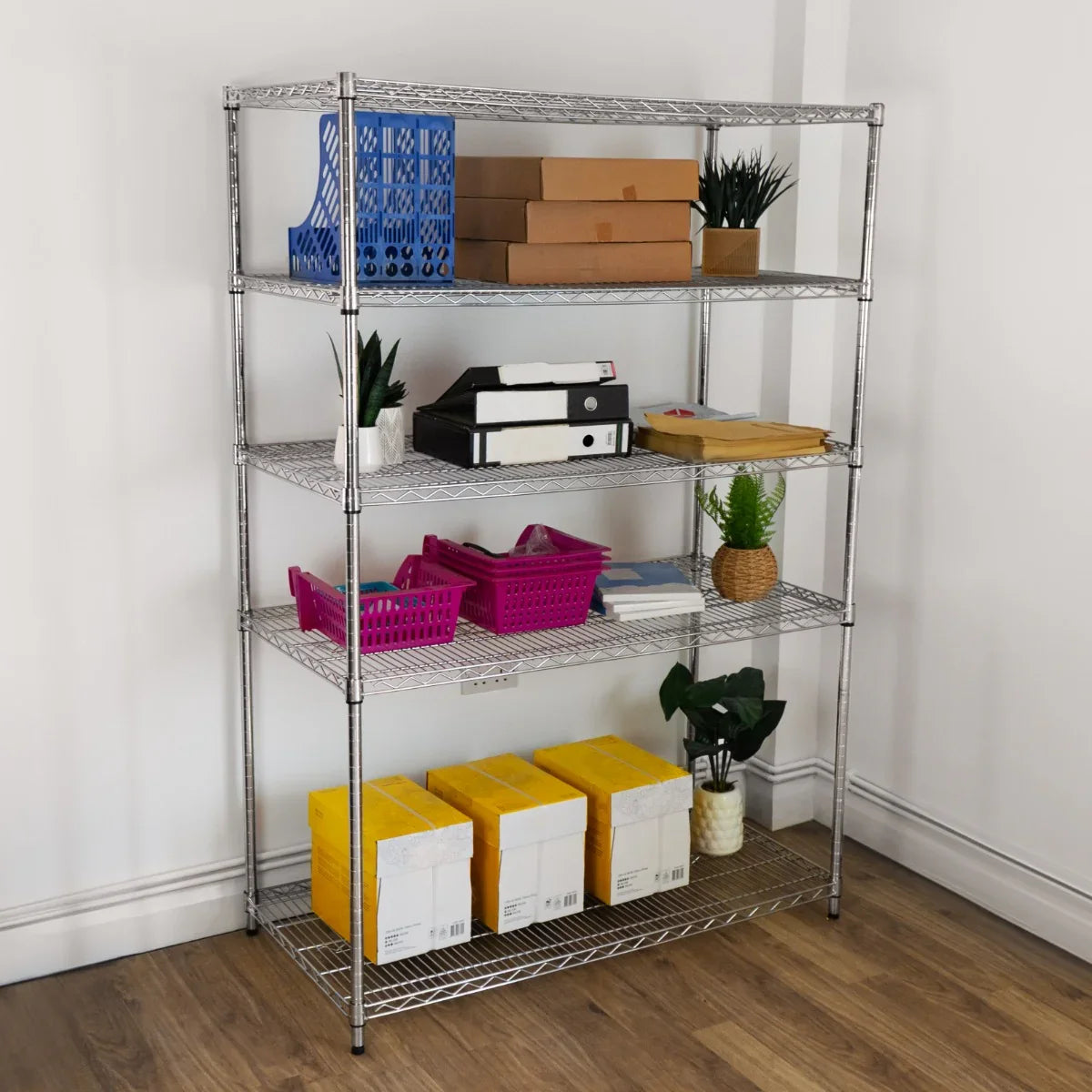 KuKoo Wire Racking unit in chrome finish, featuring five shelves, organized with colorful storage bins and boxes, ideal for home or office use