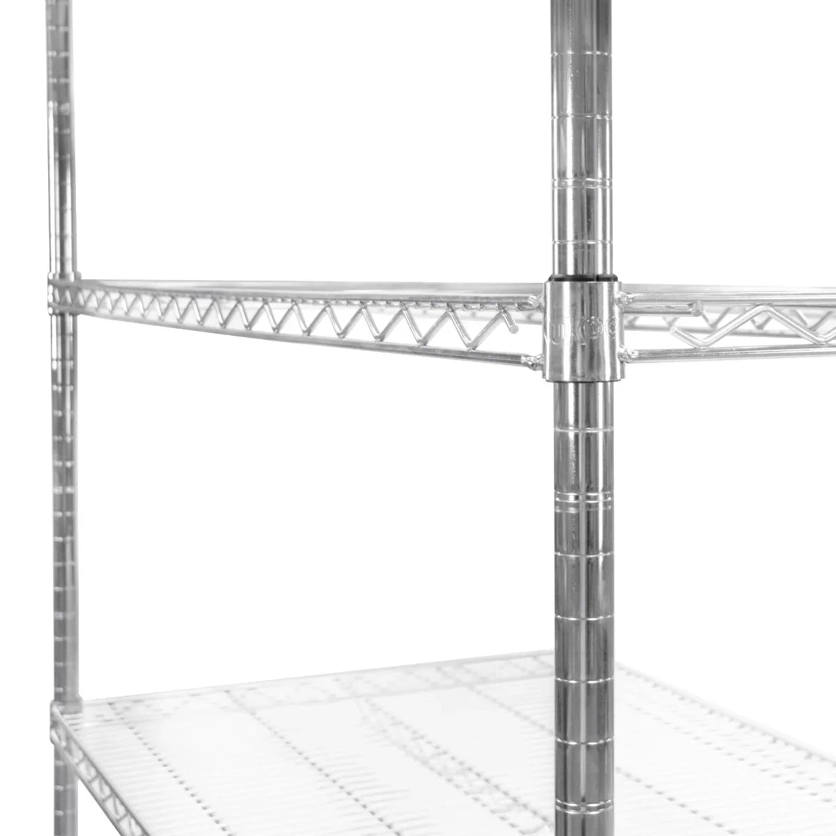 Sturdy KuKoo wire racking unit with chrome finish, featuring four adjustable shelves and a durable, open design for optimal storage