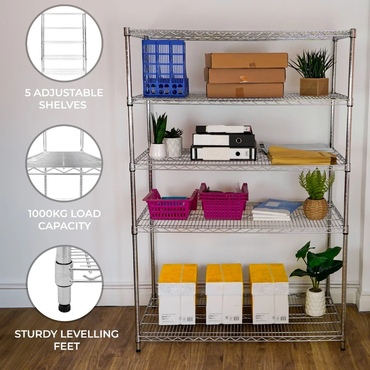 KuKoo Wire Racking features five adjustable shelves, a sturdy chrome finish, and a 1000kg load capacity, ideal for storage solutions