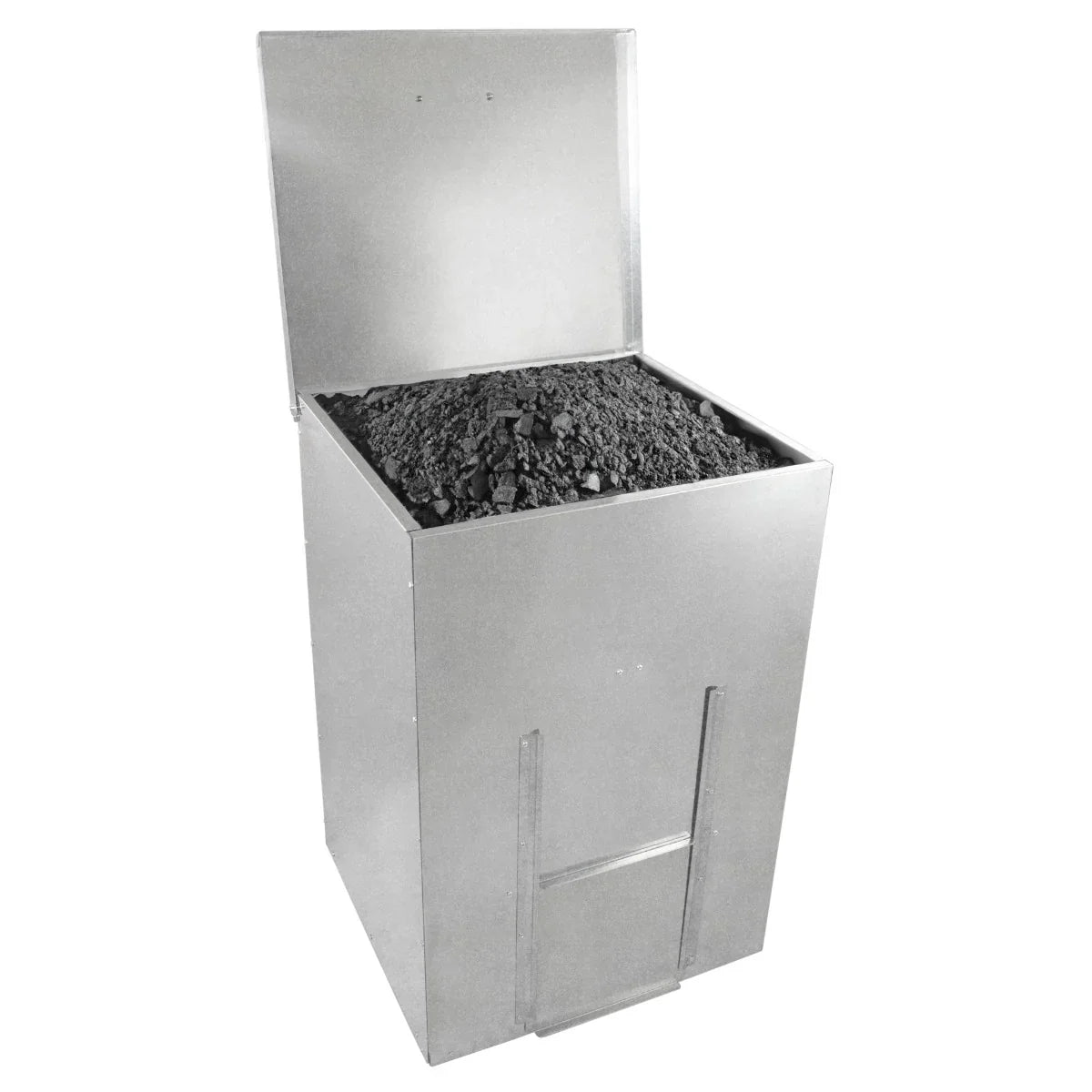 Galvanised coal bunker with a shiny silver finish, featuring a hinged lid and a sturdy design, holds up to 150kg of coal