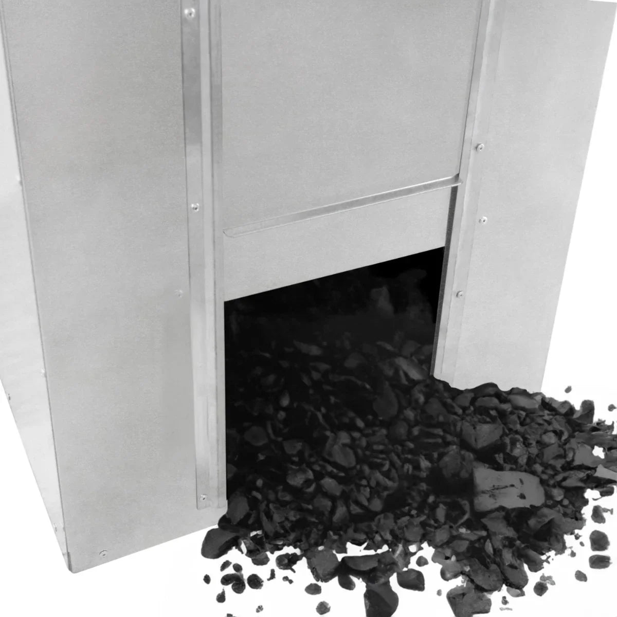 Galvanised coal bunker with a 150kg capacity, featuring a sleek metallic finish and coal spilling from the bottom opening