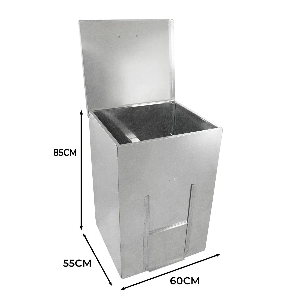 Galvanised coal bunker with a sleek silver finish, measuring 85cm high, 60cm wide, and 55cm deep, featuring a hinged lid for easy access