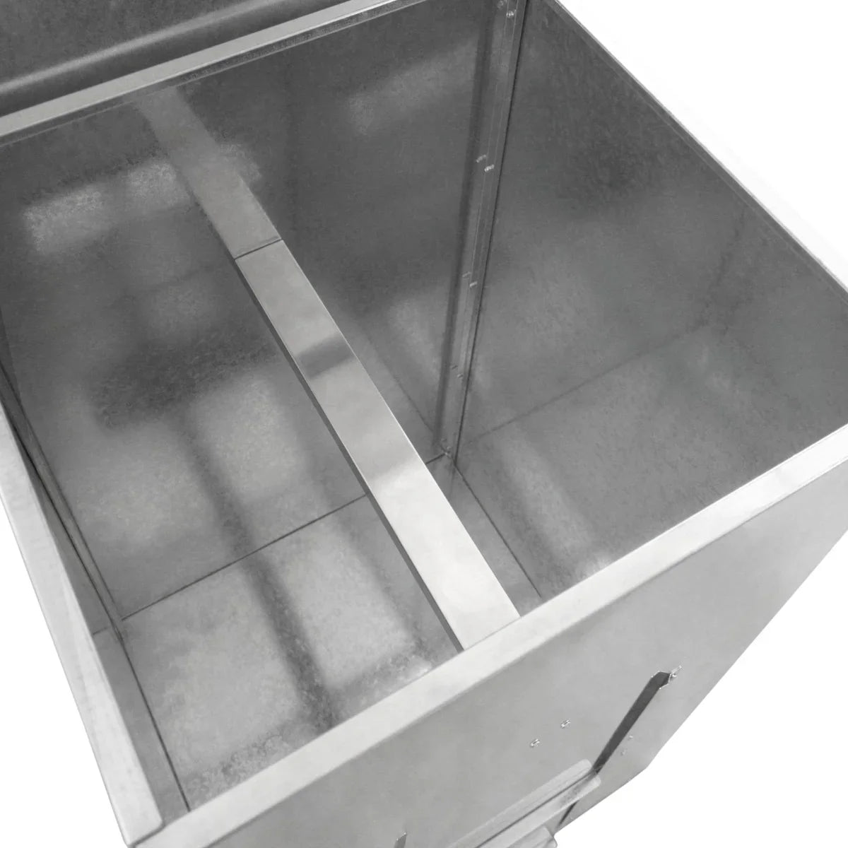 Galvanised coal bunker with a spacious interior, featuring a smooth metallic finish and reinforced corners for durability