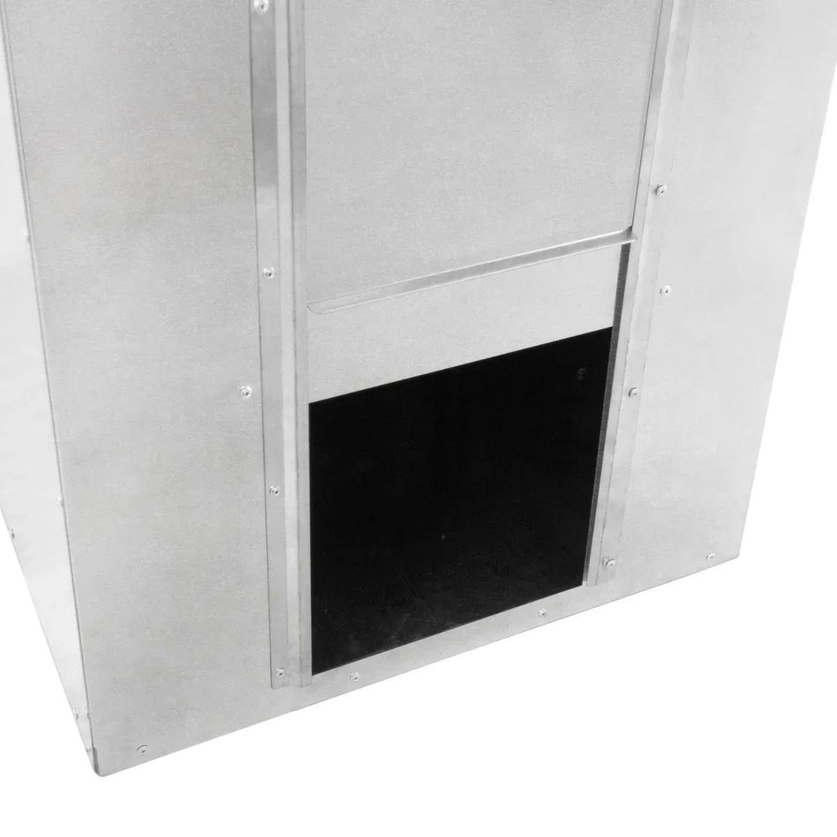 Galvanised coal bunker with a sleek silver finish, featuring a front access door and sturdy construction for 150kg capacity